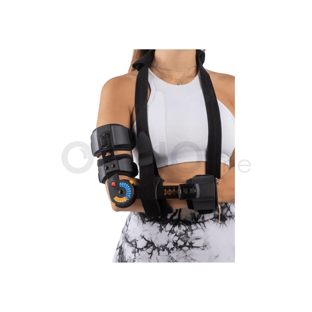 Cureline - women using ortholine rom elbow brace with sling