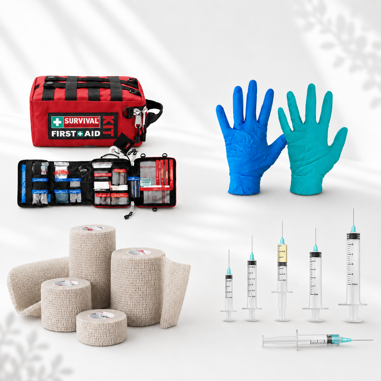 Cureline healthcare medical disposables collections first aid kit, gloves, bandages and syringes