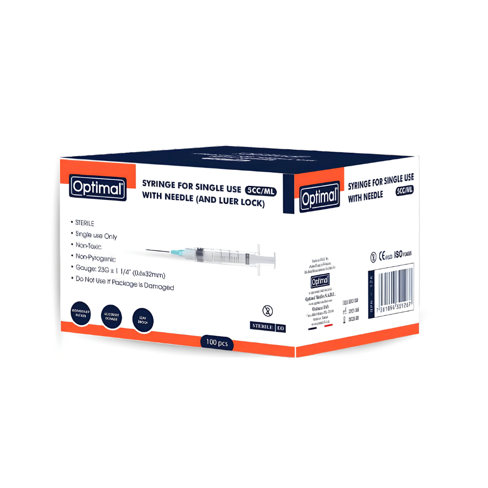 OPTIMAL Syringes for Single Use with Needle – Luer Lock, 5cc/ml, 100 Pieces