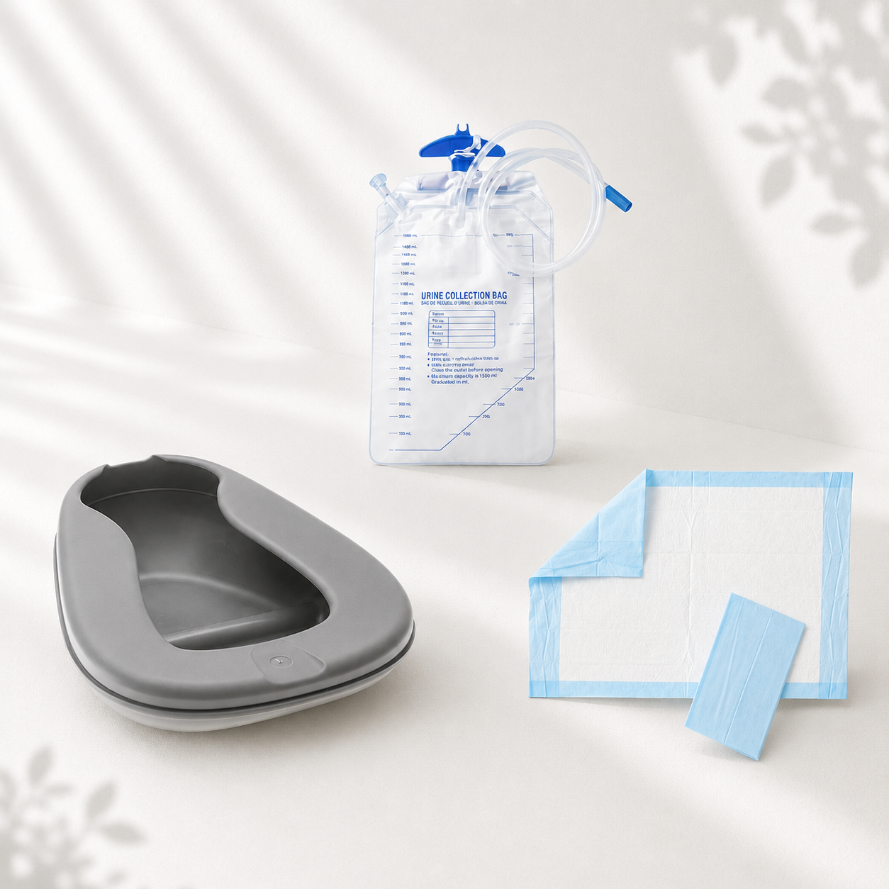 Cureline healthcare urological supplies urine bags, bed pan and blue pad