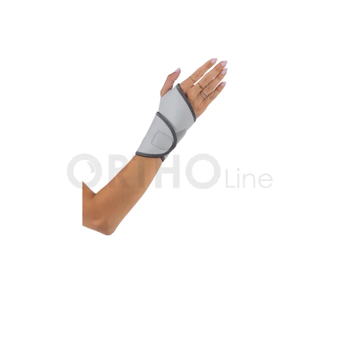 Hand wearing a gray wrist support brace on a white background with OrthoLine branding.