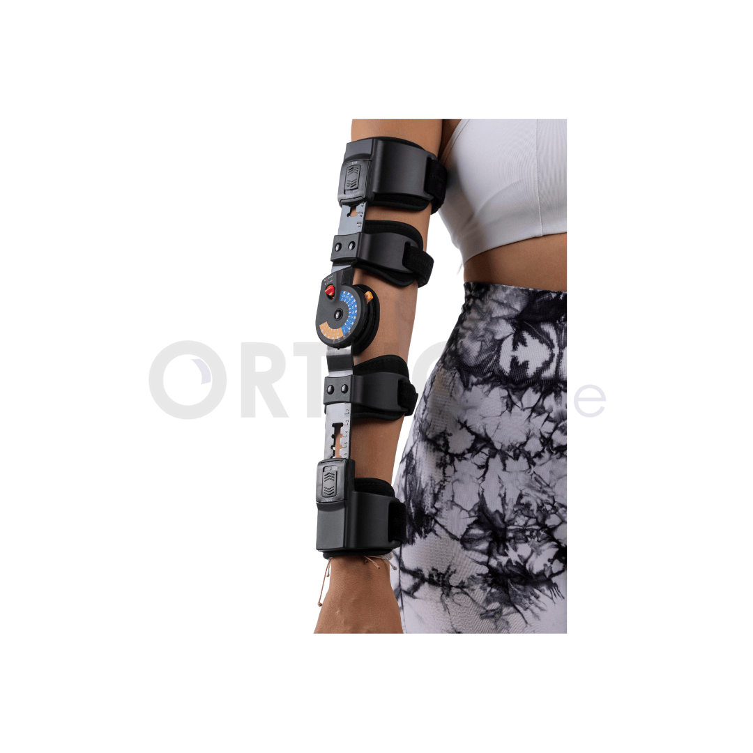 Cureline - women using Ortholine rom elbow brace front view