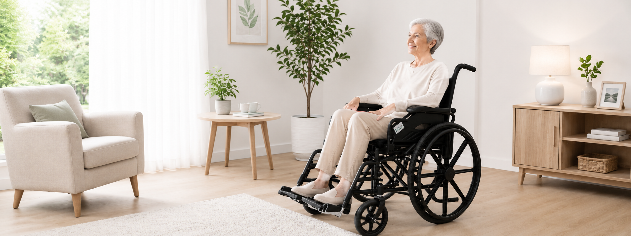 Women on Mobline wheelchair in living-room 