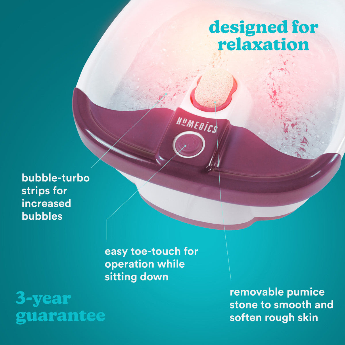 HoMedics Bubble Mate foot spa with removable pumice stone and toe-touch control