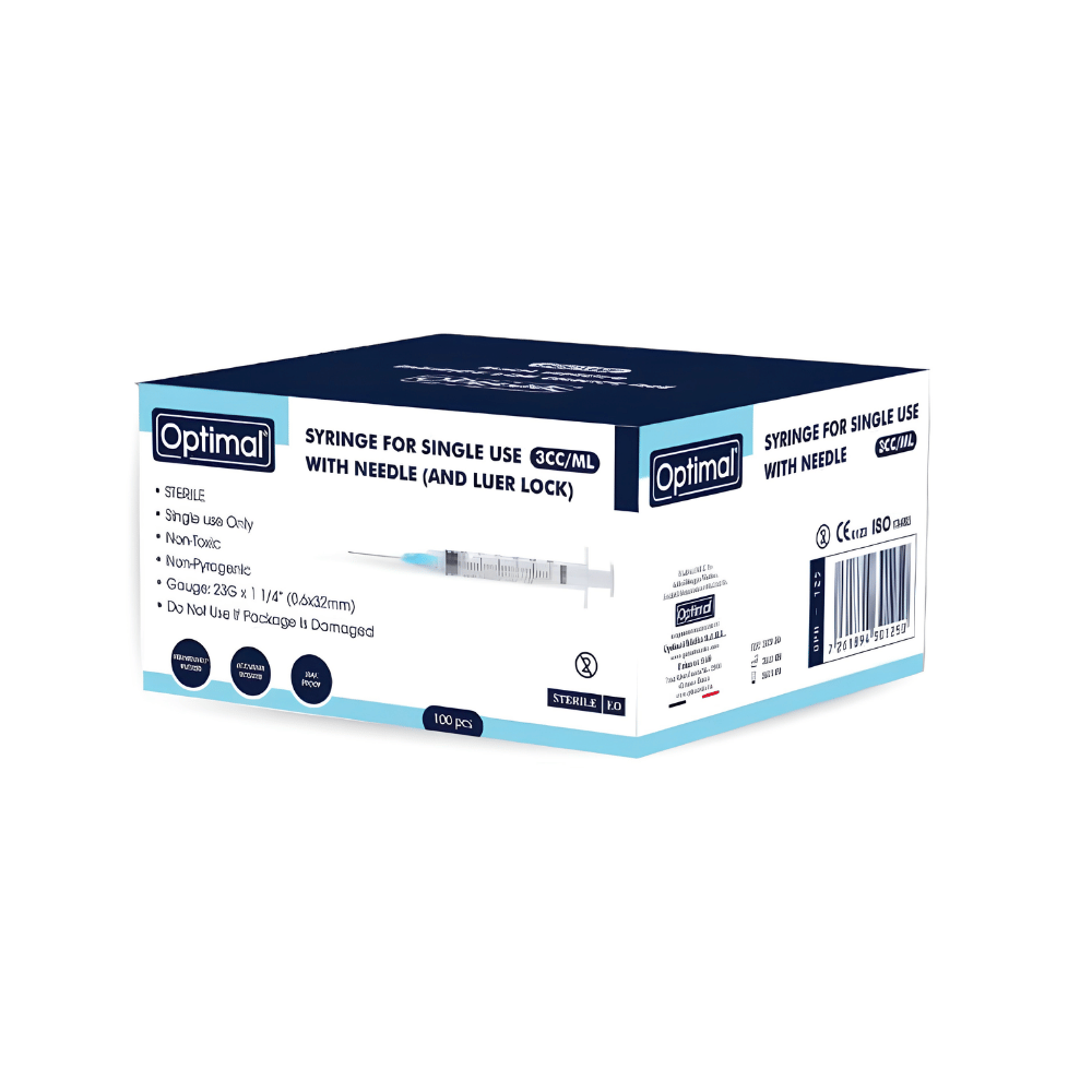 OPTIMAL Syringes for Single Use with Needle – Luer Lock, 3cc/ml, 100 Pieces